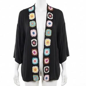 Calista Kimono Cardigan Women Medium Black Crochet Granny Square Casual Bohemian